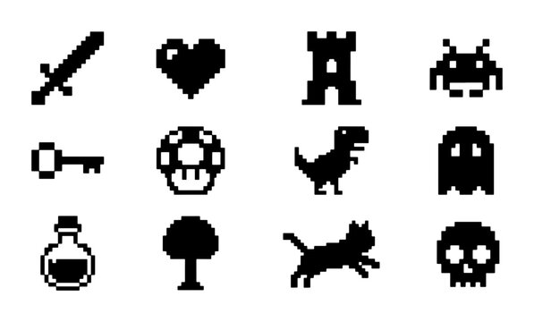 Retro Pixel Art Icons Set: Sword, Heart, Castle, Alien, Key, Mushroom, Dinosaur, Ghost, Potion, Tree, Cat, Skull, 8-bit Game Assets, Vector Graphics