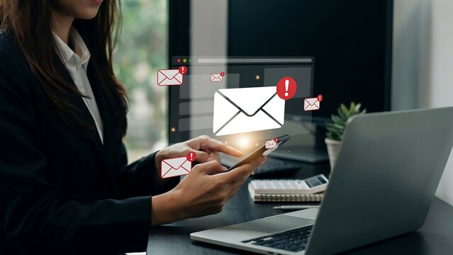 Modern business professional handling multiple digital communication channels, utilizing smartphone and laptop for email management and virtual notification alerts in a tech-savvy workspace