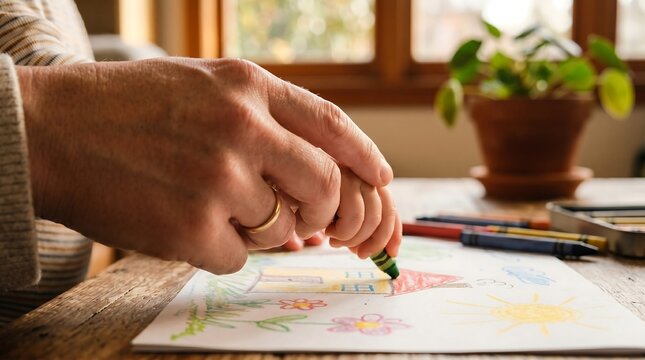 Adult's supportive hands guiding a child's tiny hand, holding a green crayon to draw a colorful house on paper, fostering early childhood creativity and artistic learning
