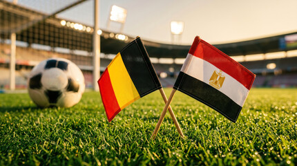 Fototapeta premium Belgium and Egypt flags displayed together on a green soccer field