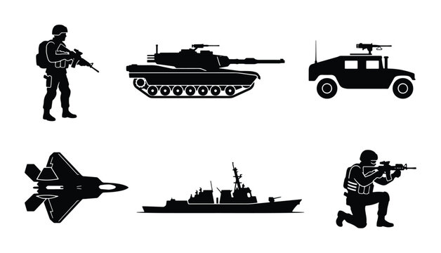 Military Icons Set: Soldier, Tank, Humvee, Jet, Warship, Infantry Vector Graphics