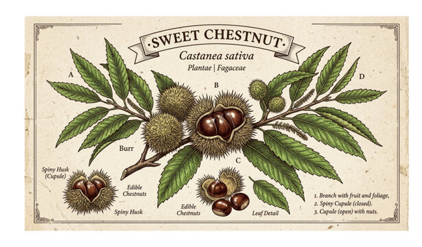 Castanea Sativa Chestnut Branch Vintage Botanical Illustration