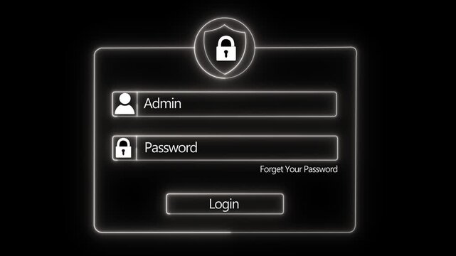 Digital cyber security login interface featuring glowing neon admin authentication panel with shield and secure password entry fields for modern software development and network protection concepts