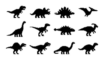 Dinosaur Silhouettes Collection, Prehistoric Reptile Icons, Jurassic Era Vector Graphics, Ancient Creature Set, Paleontology Illustrations © PixelArtBox