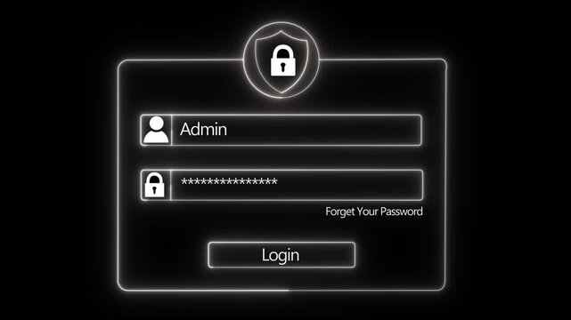 Digital cyber security login interface featuring glowing neon shield and admin authentication fields for secure user access, data protection, and modern web application development concept animation