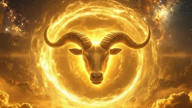 A majestic ram head emerges from a fiery celestial vortex