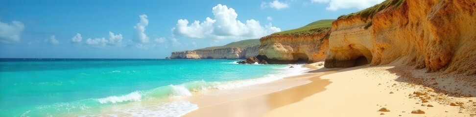 Obraz premium Golden sand, turquoise water, dramatic cliffs, Algarve, summer