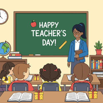 A cartoon illustration of a classroom scene