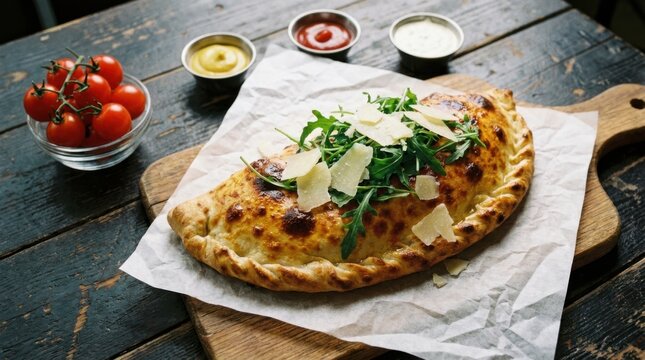 Freshly baked calzone with arugula and parmesan cheese