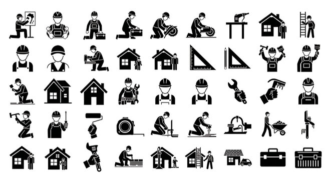 Collection of solid black silhouette icons representing construction trades and building work with construction silhouette building contractor renovation industry professional maintenance
