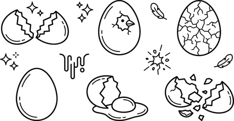 Fototapeta premium Broken and cracked egg line icon set with hatching chick and raw yolk vector illustration on white background