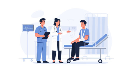 Fototapeta premium Medical Team Consults Injured Patient in Hospital Room