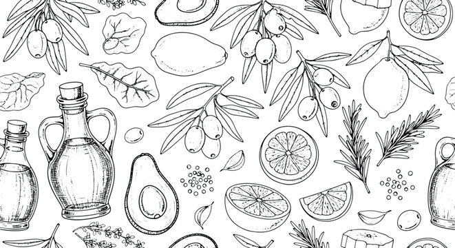 Vintage Olive Oil Botanical Pattern with Lemon Avocado and Herbs