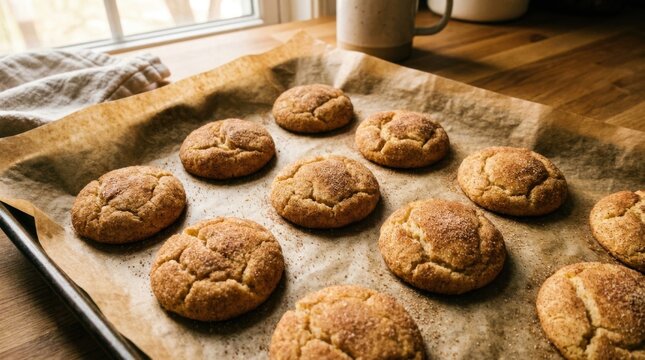 Freshly baked snickerdoodle cookies on parchment paper