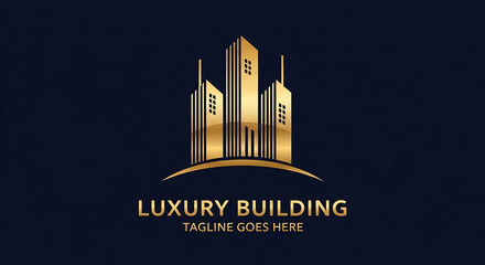 Obraz premium Golden luxury building logo design on dark blue background with elegant text building architecture corporate property business skyscraper construction identity development residential