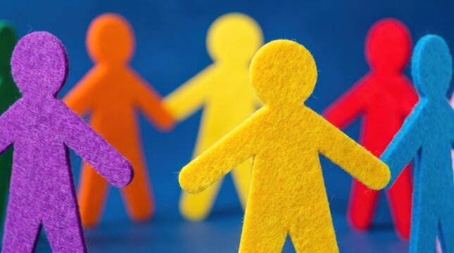 Colorful felt paper doll people holding hands