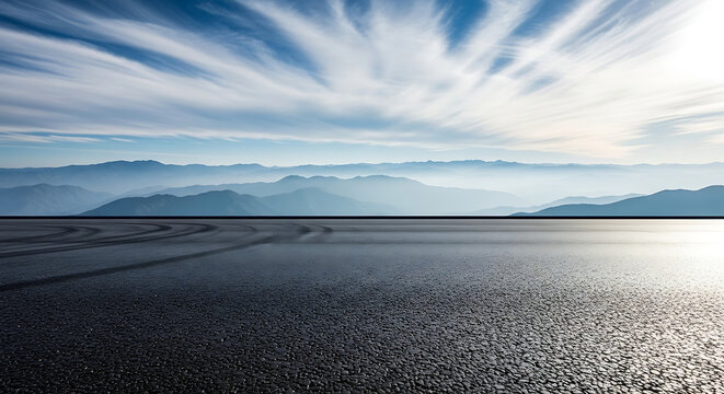 Asphalt road leading towards distant misty mountains under a bright sunny sky with mountains landscape adventure outdoors perspective transport destination wilderness environment