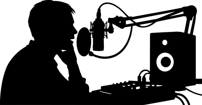 Silhouette of a male podcaster or radio host speaking into a professional microphone in a recording studio environment