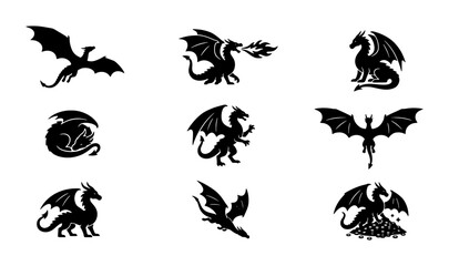 Mythical Dragon Silhouettes Collection, Fantasy Creature Icons, Medieval Legend Vector Art, Black and White Emblem Set © Abul