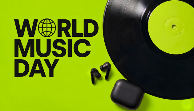 World Music Day Creative Concept with Vinyl Record Wireless Earbuds and Charging Case on Lime Green Background