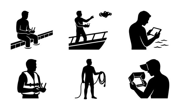 Remote Control Hobby Icons, Drone and RC Car Control, Water Sports and Outdoor Activity Silhouettes, Vector Graphics Set