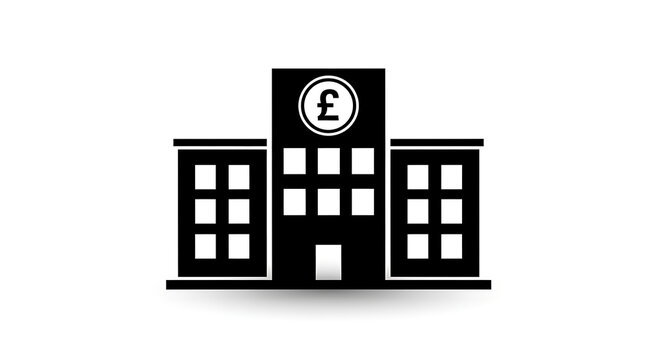 Black bank building icon with british pound sterling symbol building sterling business financial currency commercial investment institution corporate administration monochrome
