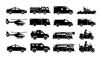 Emergency Vehicle Icons Set: Police Car, Fire Truck, Ambulance, Helicopter, Boat, Motorcycle, SUV Silhouettes for Safety and Service Graphics © Nurul