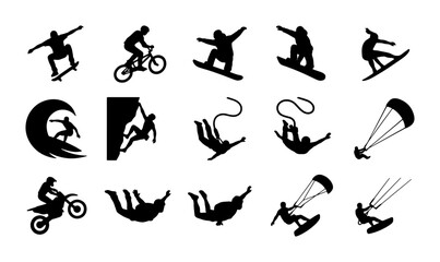Extreme Sports Silhouette Icons Set, Action Adventure Vector Graphics, Dynamic Outdoor Activities Collection, Skateboarder, Snowboarder, Climber, Paraglider, Motocross Rider, Skydiving © Nurul