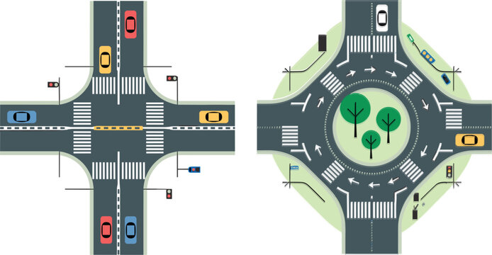 Top view city road crossroad intersection and roundabout with traffic lights pedestrian zebra crossings cars vector map