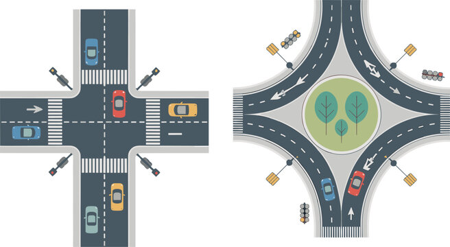 Top view city road crossroad intersection and roundabout with traffic lights pedestrian zebra crossings cars vector map