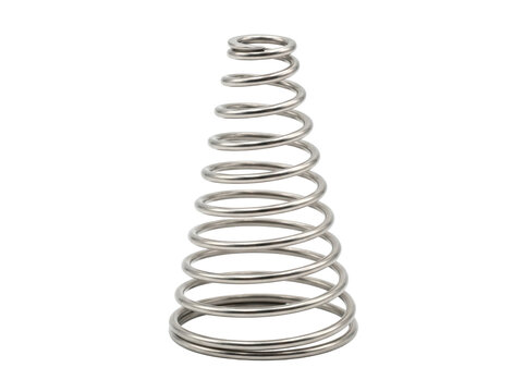 Stainless steel conical compression spring for mechanical engineering applications, isolated on transparent background.