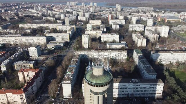 Drone view of the Belgrade Western Gate Genex tower, New Belgrade district, Serbia. Europe.