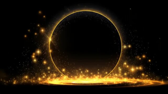 Glowing golden ring with radiant particles rising from a bright base against a dark background