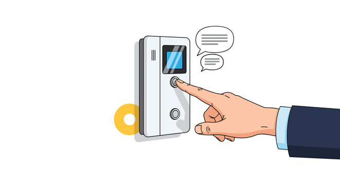 Professional hand in a suit sleeve pressing a button on a modern security intercom system with message bubbles indicating communication.