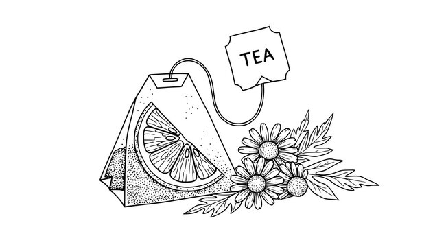 Line art drawing of chamomile tea bag infused with fresh lemon slice, caffeine free