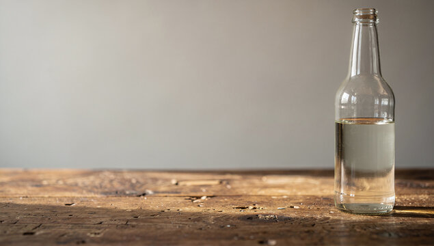 Clear glass bottle half full of water on rustic wooden table background
