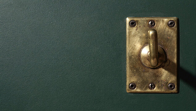 Vintage brass hook plate with screws on dark green matte wall background