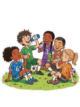 Tired but happy children taking a hydration break drinking from squeeze bottles