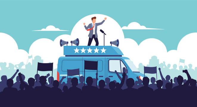 Politician standing on top of a blue campaign van giving a speech with a megaphone to an enthusiastic crowd of supporters.
