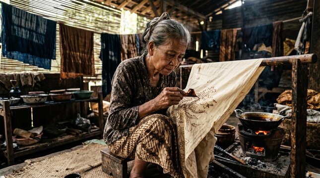 Elderly Indonesian artisan meticulously crafting traditional batik fabric in a rustic workshop.