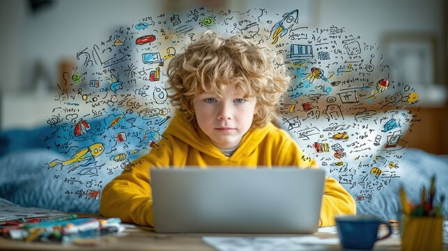 A student studies hard, back to school, a young guy studying on a computer. High quality