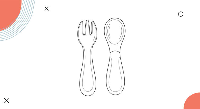 Line art illustration of a baby fork and spoon set surrounded by abstract shapes and circles in a soft contemporary graphic design style.