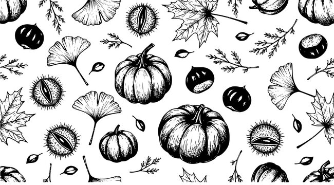 Autumn seasonal elements pattern featuring pumpkins and chestnuts ink sketch