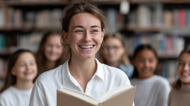 Bright smiles fill the classroom as a passionate female teacher shares a story with her diverse group of eager students. National Women's Day