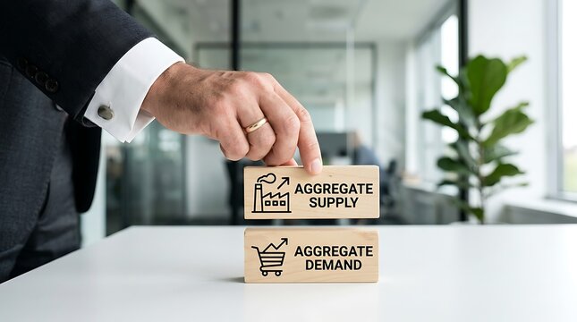Business professional balancing aggregate supply and demand blocks on table