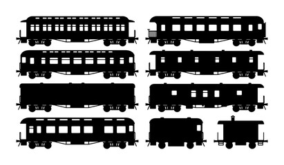 Vintage Train Car Silhouettes, Classic Passenger and Freight Wagons, Retro Locomotive Collection, Historical Transportation Icons © Shakhawat
