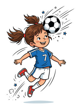 Leaping little girl making a perfect header shot with the ball in mid air