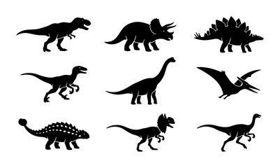 Dinosaur Silhouettes Collection, Prehistoric Reptile Icons Set, Jurassic Era Creatures Vector Graphics, Ancient Animal Illustrations © Jannatul
