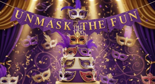 Elegant masquerade party cake decorated with golden masks and purple streamers