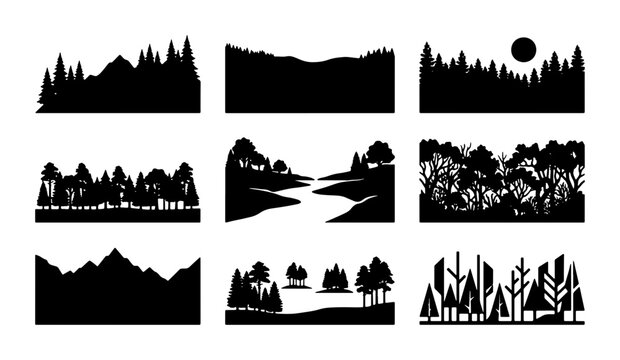 Diverse Forest Landscapes Vector Silhouettes, Nature Scenes Collection, Mountain Ranges, River Valleys, Woodland Elements for Outdoor Design